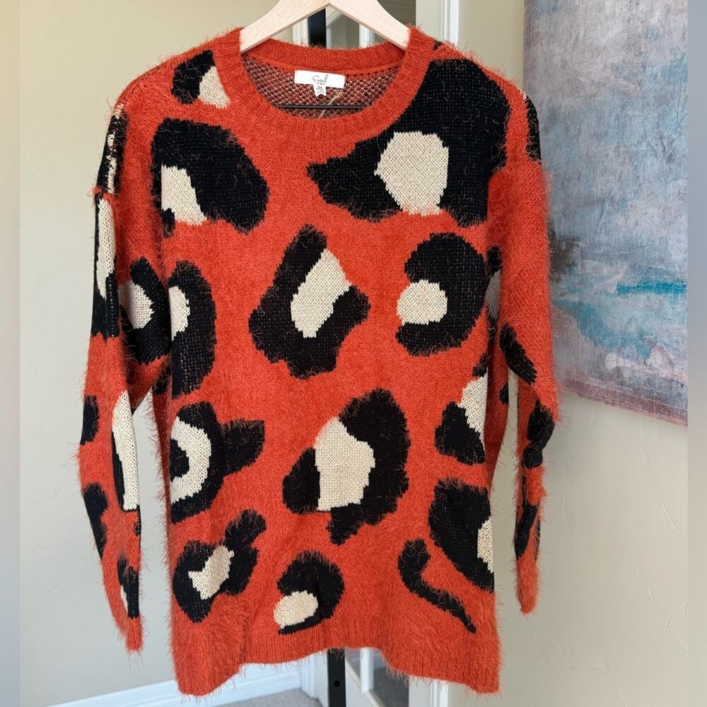 Easel Oversized Fuzzy Leopard Print Sweater Orange Black Beige Medium NWT New